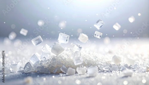 Macro shot of pure white sugar or salt crystals falling onto a pile. The detailed close-up reveals the crystalline structure against a bright, clean background with beautiful bokeh effect.