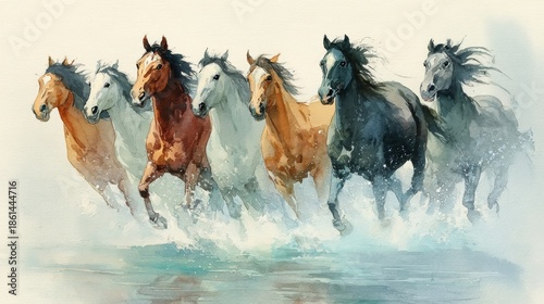 Watercolor Painting of a Majestic Herd of Horses Running Together Through Water, Galloping Equines in a Dynamic, Wild Nature Scene.