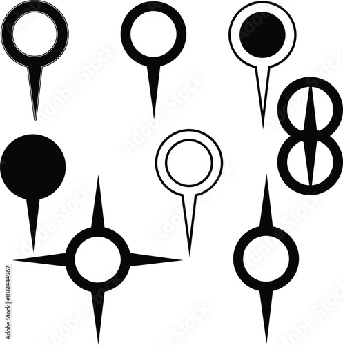 set of black and white map pointer icons for navigation and location