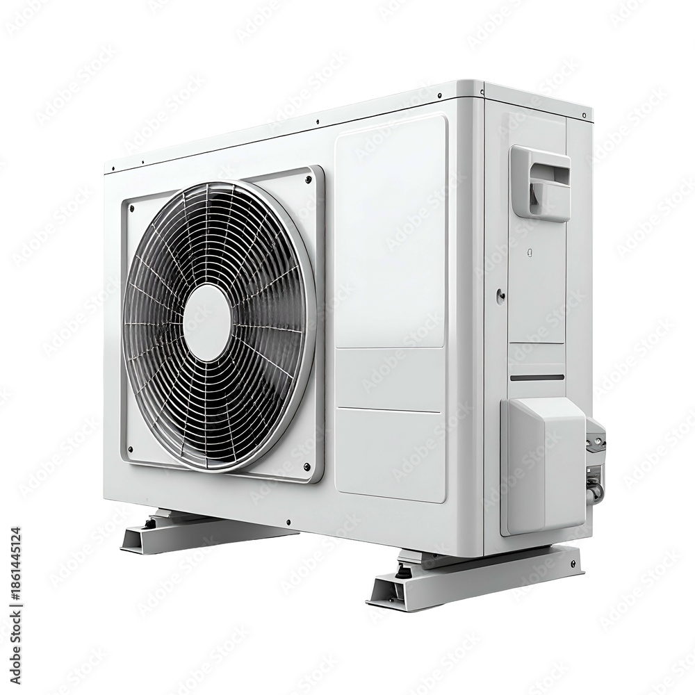 Fototapeta premium A white, rectangular outdoor unit with a fan and mounting supports. Clean design