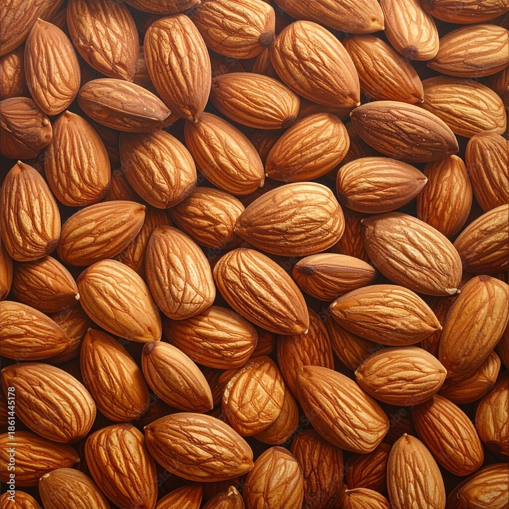 Fototapeta premium Macro top-down view of a heap of raw organic almonds, creating a beautiful textured background. Healthy vegan snack food, rich in protein and vitamins for a balanced diet and wellness concept.