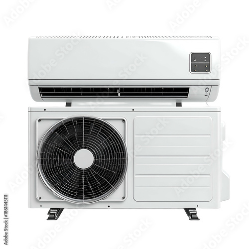 Modern split AC unit with interior/exterior components on a black background