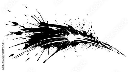 Dynamic black ink splash with elongated curve and surrounding splatters on isolated white background.
