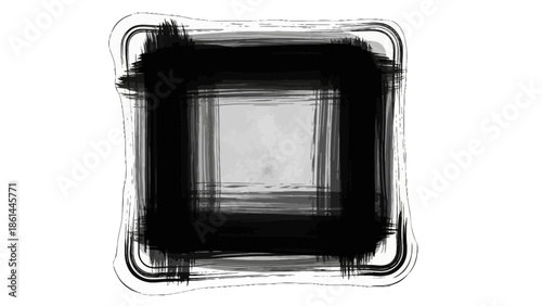 Grungy square frame with thick black brush strokes and grey textured interior on isolated white background.