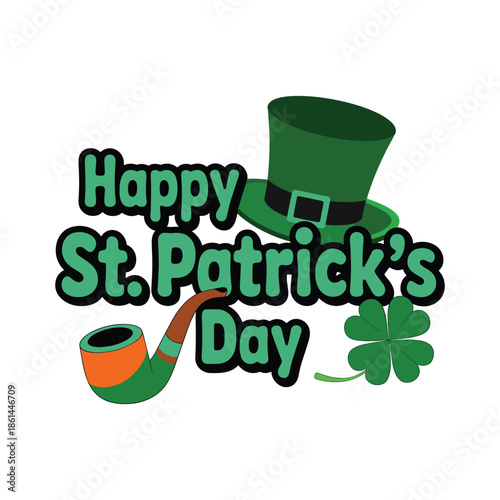Happy St Patrick's Day, green hat pipe shamrock St. Patrick's Day celebration isolated on white background.