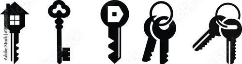 Antique key silhouettes. Medieval and modern keys, black vintage shapes set. Open door symbols,privacy and escape. Abstract tidy vector elements Mixed Keys Silhouettes and Keys black white vector icon