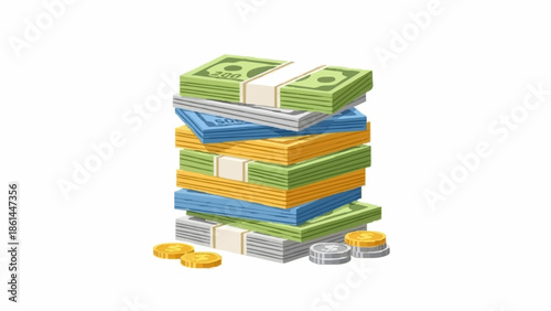 Stack of colorful money bundles and coins on white background