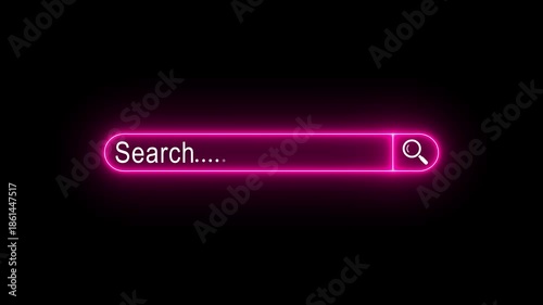 Pink neon search bar with microphone icon and text on black background. AI Search Concept with Glowing Golden UI Online Search Concept with Glowing Pink Interface.