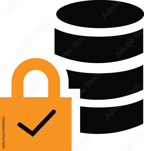 Simple graphic icon illustrating robust database security featuring a prominent black stacked cylinder data symbol paired closely with an orange padlock icon signifying protection and validated access