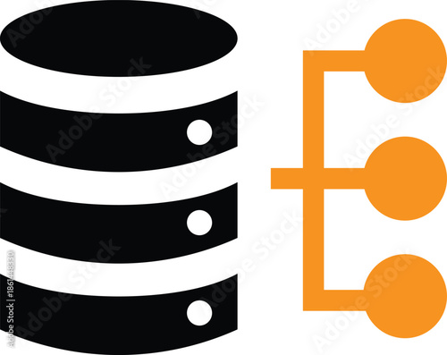 Simple black and orange graphic icon clearly illustrating a centralized database server connected to multiple distributed network nodes representing essential concepts for data storage synchronization