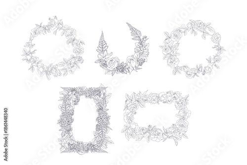 Hand drawn line art black and white rose flowers frame set. Vintage romantic monochrome floral wreath bouquet bundle