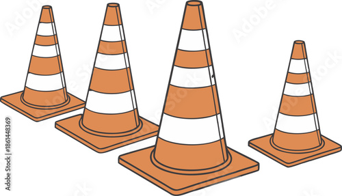 Traffic cones isolated on a transparent background, vector illustration, clean, detailed, ideal for construction, road safety, or event graphics.