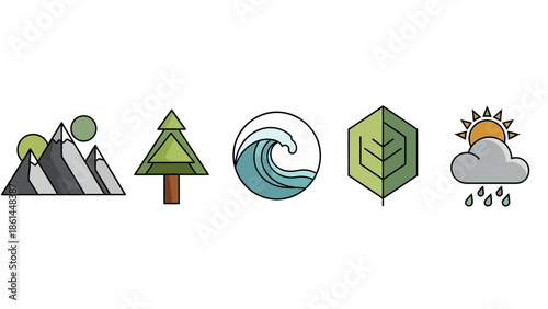 A collection of five distinct nature-themed icons, including mountains, a tree, a wave, a leaf, and a rainy cloud with sun.