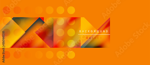 Abstract geometric pattern. Orange hues dominate design with overlapping shapes, circles, text elements. Modern, vibrant composition.