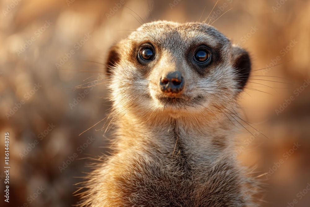Fototapeta premium Meerkat standing alert in the warm desert sand at a wildlife conservation area during golden hour