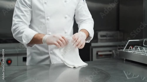 A chef in a pristine kitchen cleans a stainless steel surface, wearing gloves and a jacket