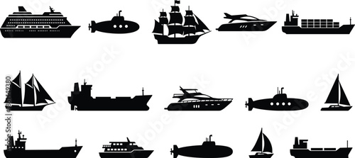 Collection of marine vessel silhouettes showing ships boats submarines yachts sailboats cargo cruise military naval transportation icons isolated on white background, vector illustration set
