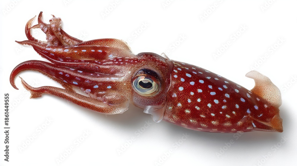 Fototapeta premium Elegantly Posed Longfin Inshore Squid (Doryteuthis pealeii) Displaying Red Hue and Distinct Blue Spots on White Background.