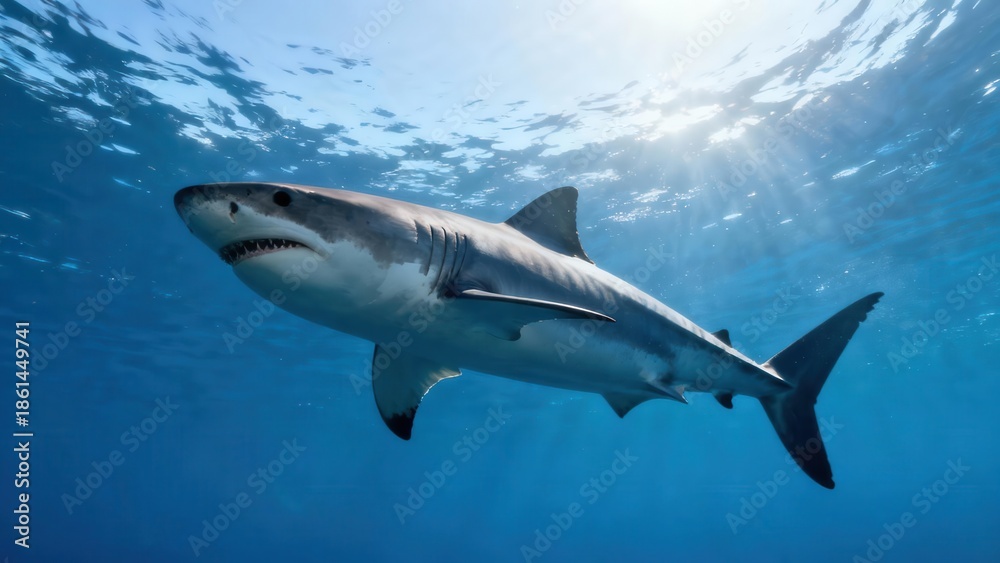 Obraz premium Massive Carcharodon carcharias Great White Shark predator swimming menacingly underwater against bright sun rays filtering through the ocean surface.