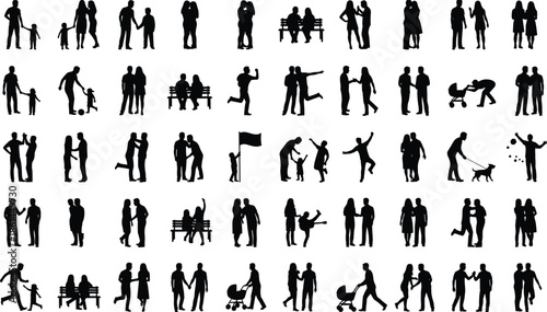 People silhouettes collection showing families couples friends activities walking sitting playing parenting relationships lifestyle icons isolated black vector set modern social interaction 