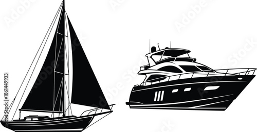 Luxury sailboat and motor yacht silhouette vector illustration, modern marine vessel design, nautical transportation concept isolated on white background, boating sailing cruise lifestyle artwork