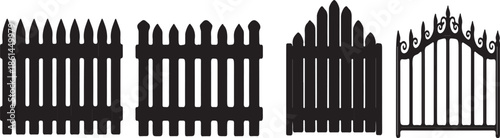 Detailed illustration of various wooden and metal fences and gates on white background