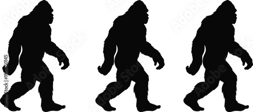 Bigfoot walking silhouette set showing mythical sasquatch creature in motion, cryptid legend, forest monster profile isolated vector illustration