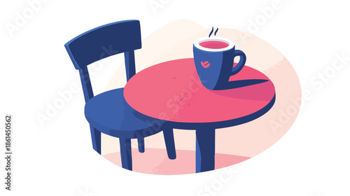 A charming illustration depicts a cozy cafe scene with a blue chair and a round table, featuring a steaming mug of a beverage, perfect for inviting warmth and relaxation.