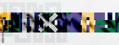 Abstract digital artwork. Geometric shapes blend, creating colorful patterns. Dark background contrasts vibrant hues. Modern design.