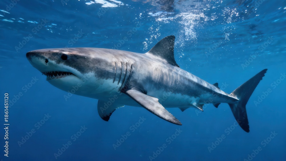 Fototapeta premium Large Great White Shark swimming horizontally through deep blue ocean water, teeth visible, illuminated by natural sunlight from the surface.