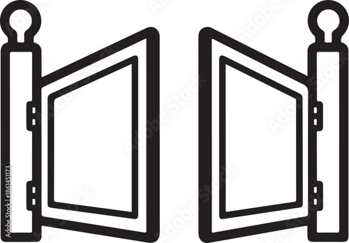 Black metal folding gates with hinges and latch, isolated on white background