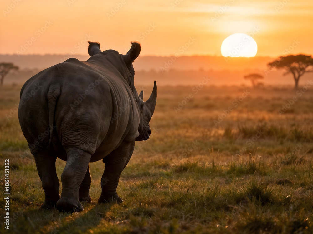 Fototapeta premium Magnificent and dramatic silhouette of a rhinoceros wandering on the African savannah grassland bathed in golden sunset and red glow