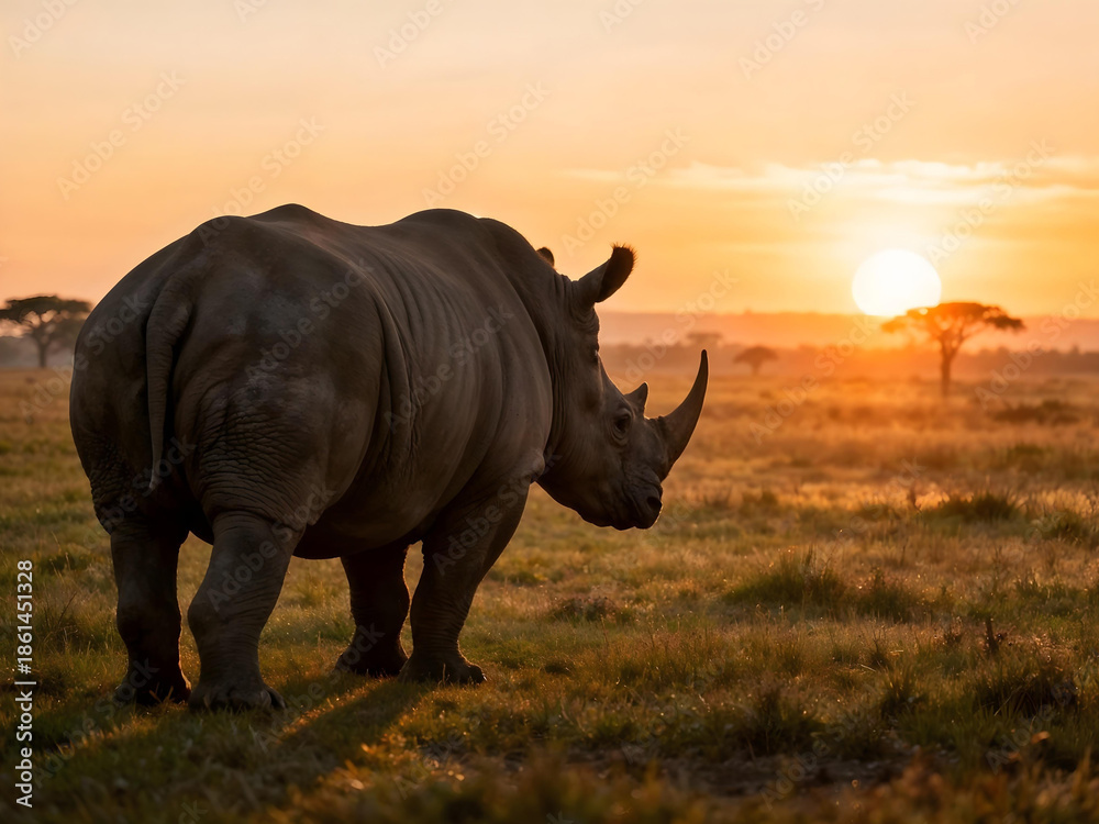 Fototapeta premium Magnificent and dramatic silhouette of a rhinoceros wandering on the African savannah grassland bathed in golden sunset and red glow