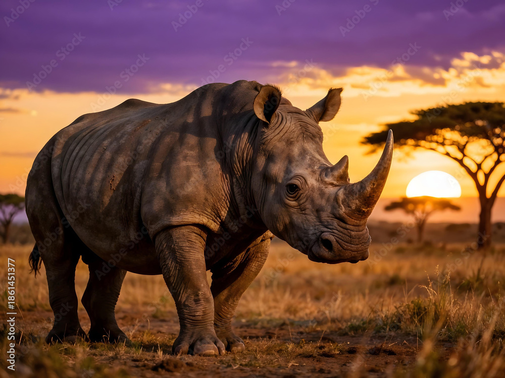 Fototapeta premium Magnificent and dramatic silhouette of a rhinoceros wandering on the African savannah grassland bathed in golden sunset and red glow