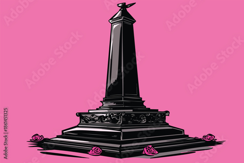 A striking illustration showcases a black obelisk monument with intricate details, set against a vibrant pink backdrop, and adorned with delicate pink rose accents, creating a bold visual statement.