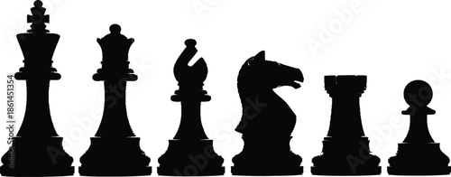 Set of 6 Chess Pieces silhouette king queen bishop knight rook and pawn distinct shapes