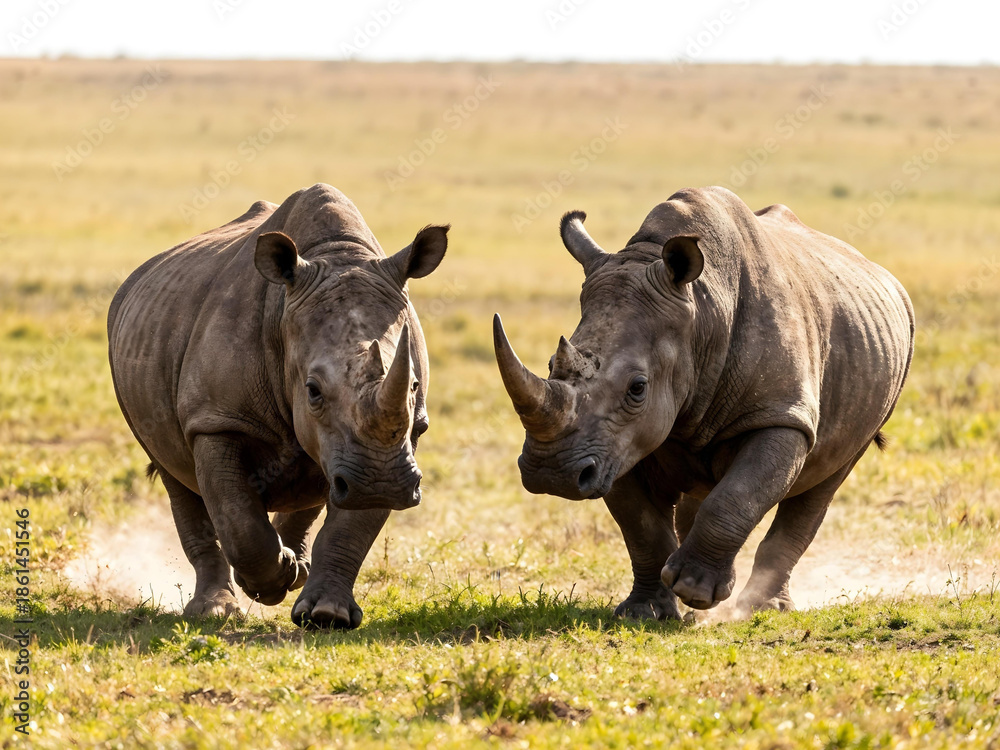 Fototapeta premium Vibrant and wild moments of rhinoceroses running vigorously or grazing peacefully on the wide green grasslands under daylight