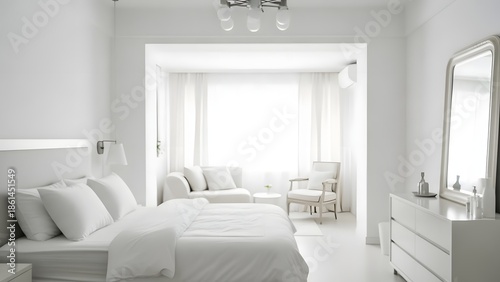 Serene white bedroom with modern furniture and soft lighting