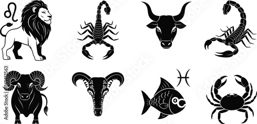 Silhouette illustration set of 6 Zodiac Symbols leo lion scorpio scorpion taurus bull aries ram pisces fish and cancer crab