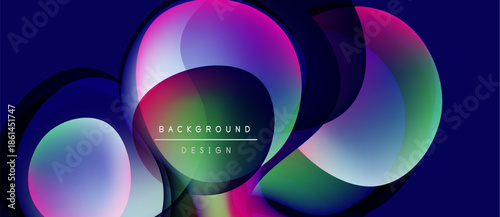Abstract circles overlap, creating vibrant gradients. Dark background emphasizes colorful design elements. Modern aesthetic, dynamic composition.