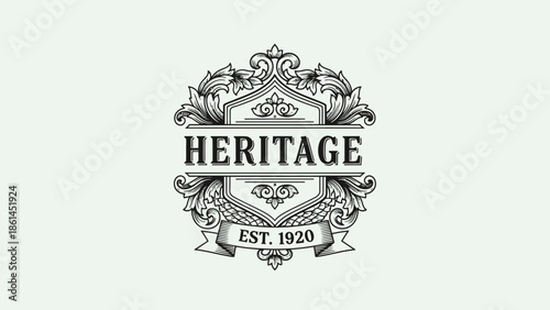 Vintage heraldic shield emblem with a royal crown and elegant ribbon banner for a retro logo design or quality stamp vector illustration