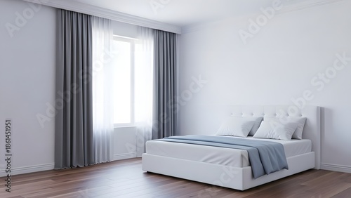 A serene and minimalist bedroom with a white bed and large window