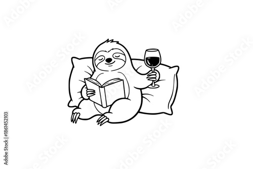 Hand-Drawn Sloth with Wine and Book Illustration, Minimalist Black and White Relaxed Reading Vector Art Generative ai 