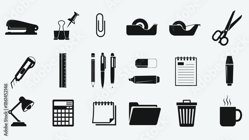 Set of office tools vector illustration including business web icons like money bag calendar and document symbols for computer design