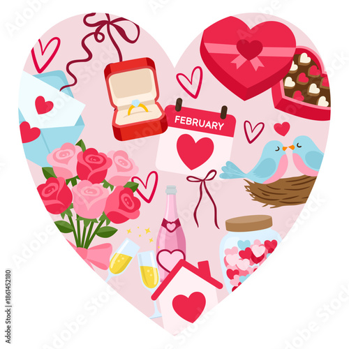 Valentine’s day elements vector cute set. Flat cartoon stickers for Valentine's Day on February 14. Presents for the feast of Saint Valentine. Confession of love