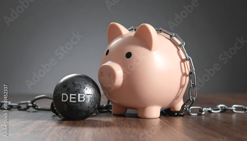 Pink piggy bank chained to a heavy black ball with DEBT text, financial crisis, debt burden, bankruptcy, and struggling to save money concept.