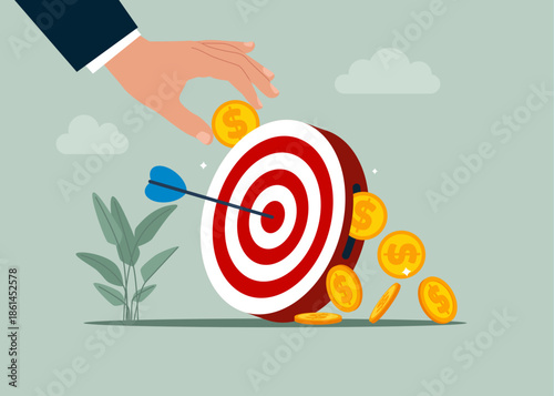 Hand putting coin a dartboard. Invests money into strategy to get return profit, returns from the costs that have been invested. Target and dart. Flat vector illustration