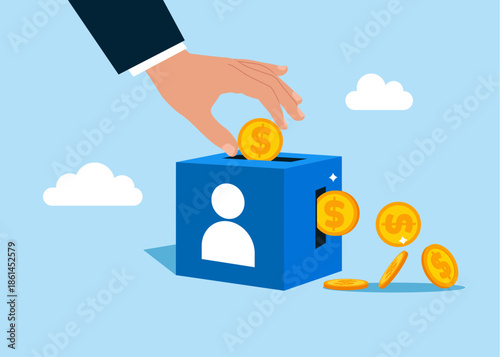 Hand putting coin a cube wit icon employee. Invests money into personals to get return profit, returns from the costs that have been invested. Attracting new customers or followers. Vector 