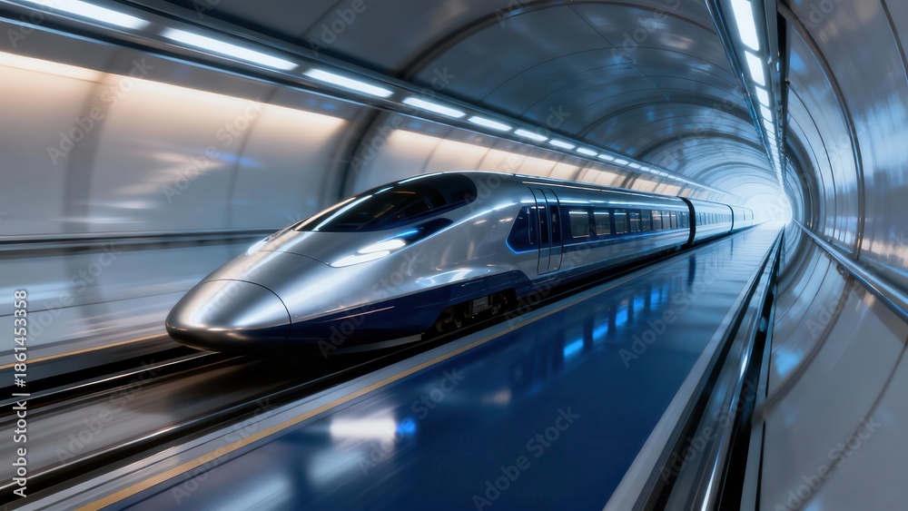 Obraz premium Futuristic silver and blue high speed train speeding rapidly through a modern, glowing white arched transportation tunnel.