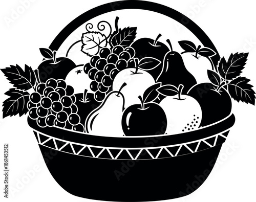 Black and white vector illustration of a wicker basket filled with various fresh fruits including apples, pears, and grape bunches.